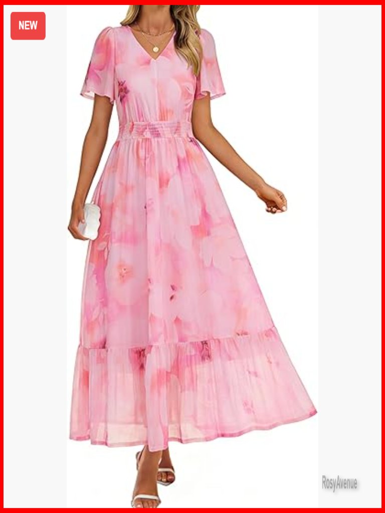 Lightweight Polyester Maxi Dress V-Neck Short Sleeve Smocked Waist Wedding Guest